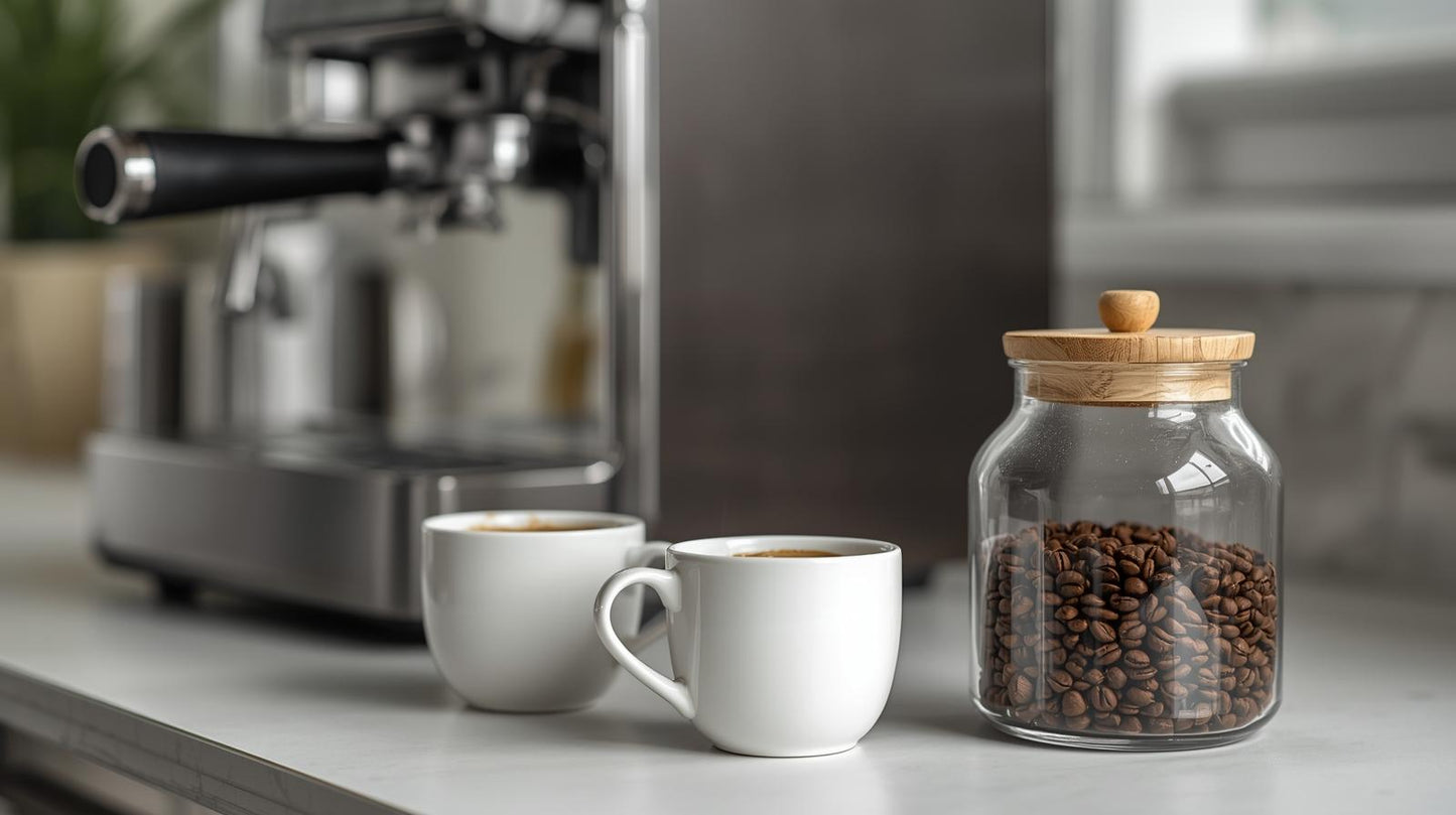 Counter top with coffee beans in a glass jar and two cups of espresso
