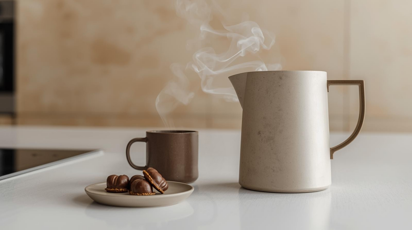 Counter top with coffee mug coffee pitcher and cookies