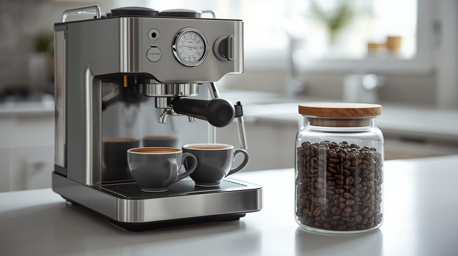 Espresso machine with two cups and a jar of coffee beans on a kitchen counter.