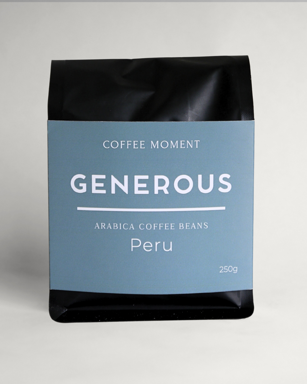 Coffee bag labeled 'Generous' with 'Coffee Moment' branding on a gray background