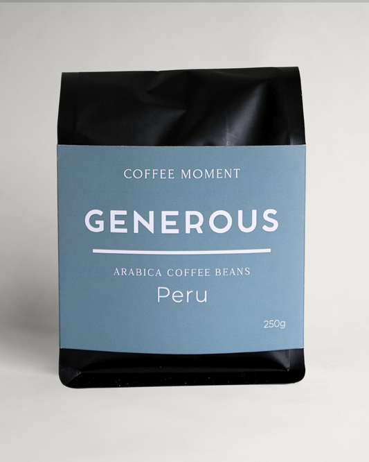 Coffee bag labeled 'Generous' with 'Coffee Moment' branding on a gray background