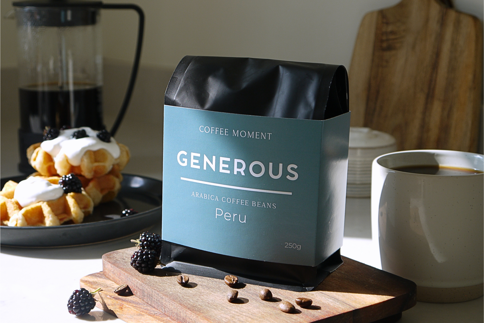 Coffee bag labeled 'Generous Peru' with a cup of coffee and waffles in the background.