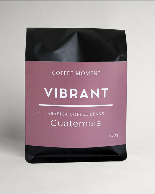 Coffee bean package with 'Vibrant' label on a gray background